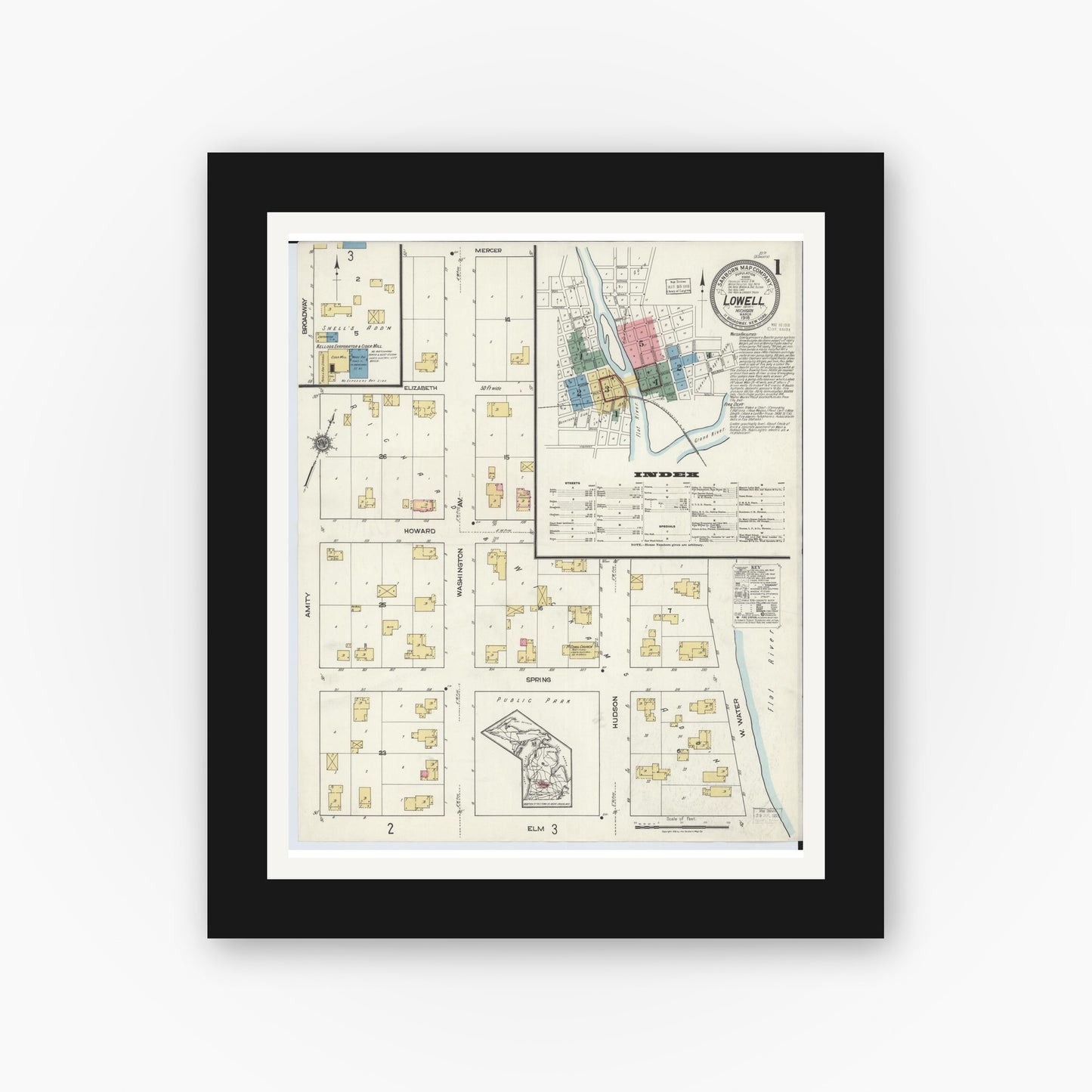 Old map wall art mockup — black gallery frame with white mat — Sanborn Fire Insurance Map from Lowell, Kent County, Michigan (1918) - Complete Map Set