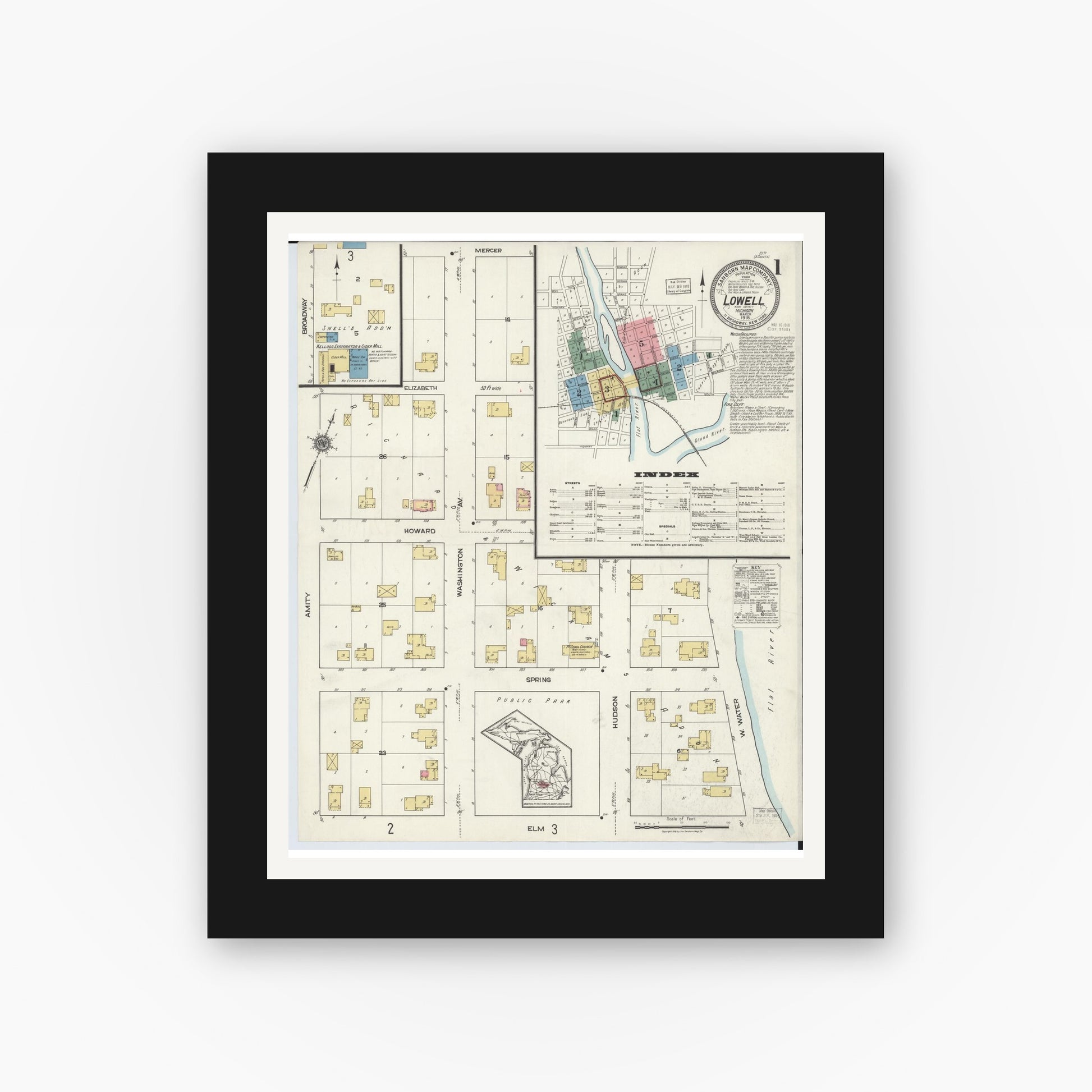 Old map wall art mockup — black gallery frame with white mat — Sanborn Fire Insurance Map from Lowell, Kent County, Michigan (1918) - Complete Map Set