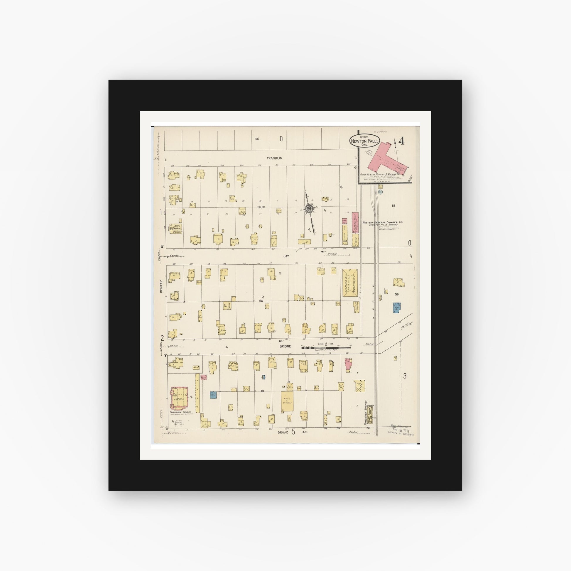 Old map wall art mockup — black gallery frame with white mat — Sanborn Fire Insurance Map from Newton Falls, Trumbull County, Ohio (1922), Sheet #0004