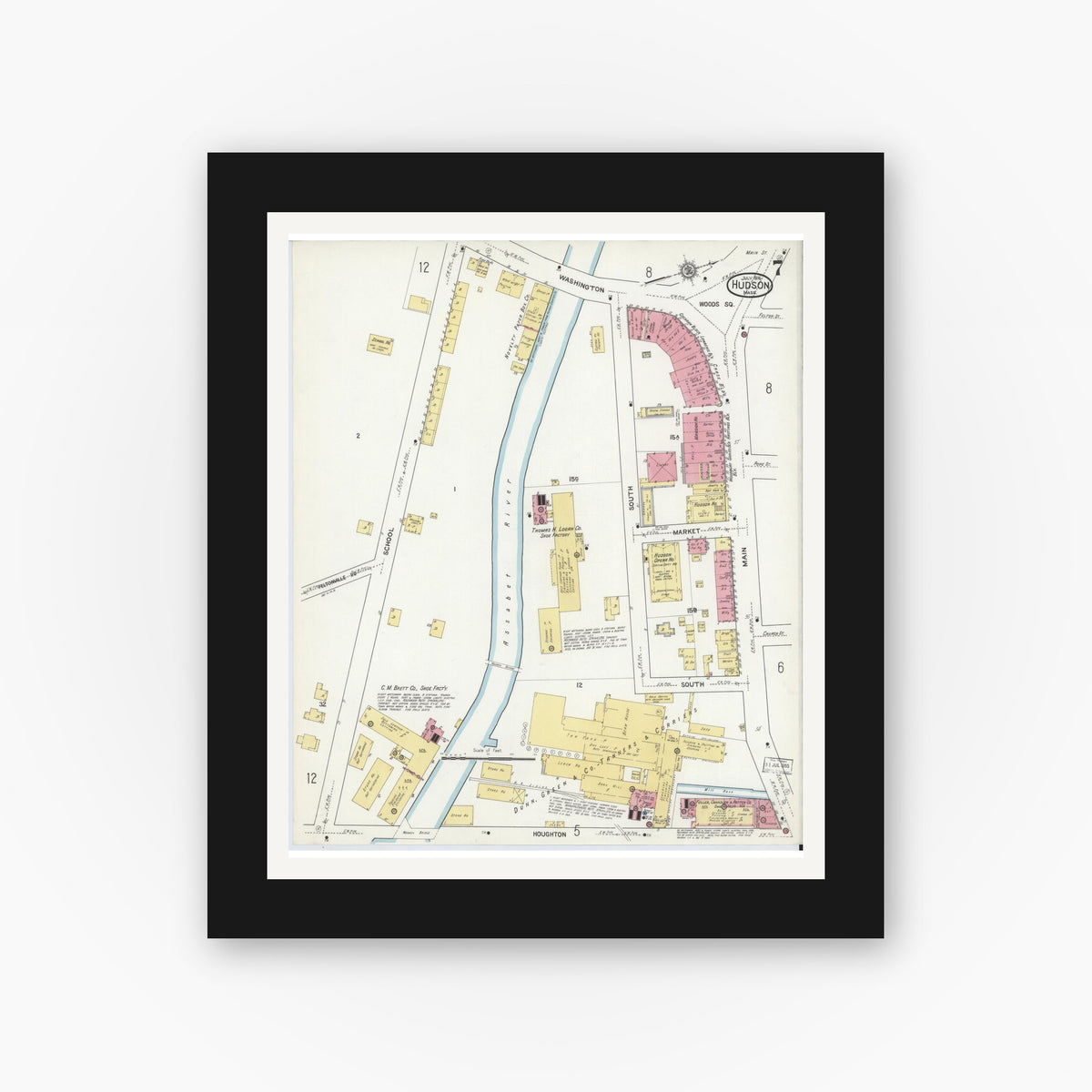 Old map wall art mockup — black gallery frame with white mat — Sanborn Fire Insurance Map from Hudson, Middlesex County, Massachusetts (1916), Sheet #0007