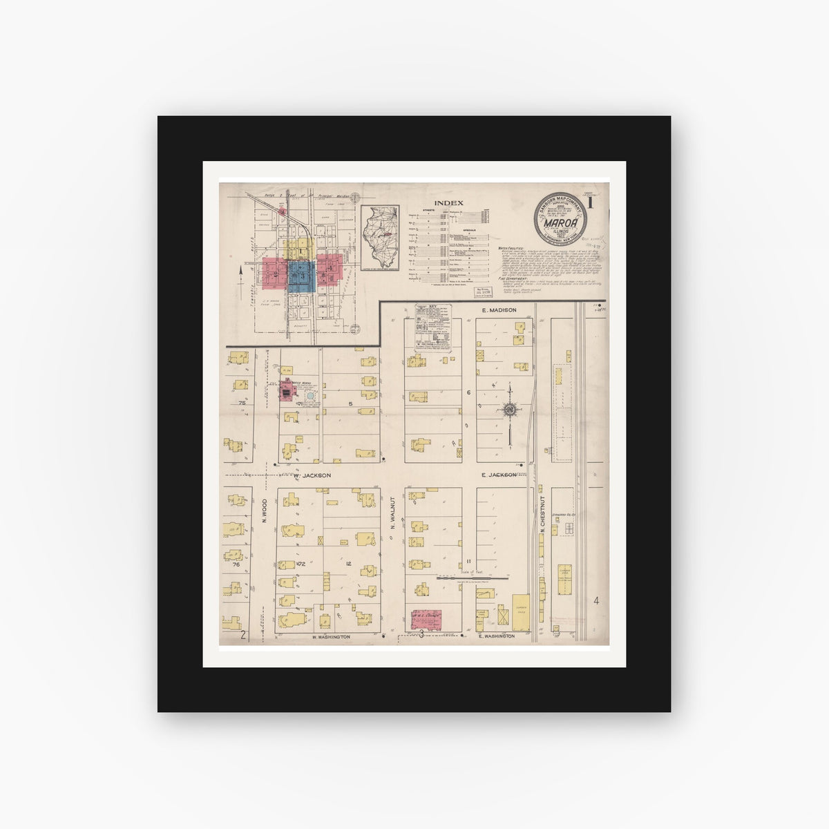Old map wall art mockup — black gallery frame with white mat — Sanborn Fire Insurance Map from Maroa, Macon County, Illinois (1922) - Complete Map Set