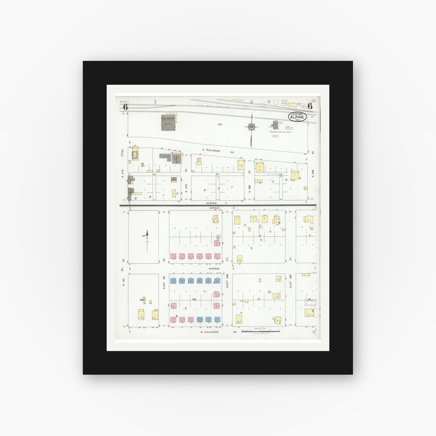 Old map wall art mockup — black gallery frame with white mat — Sanborn Fire Insurance Map from Alpine, Brewster County, Texas (1927), Sheet #0006