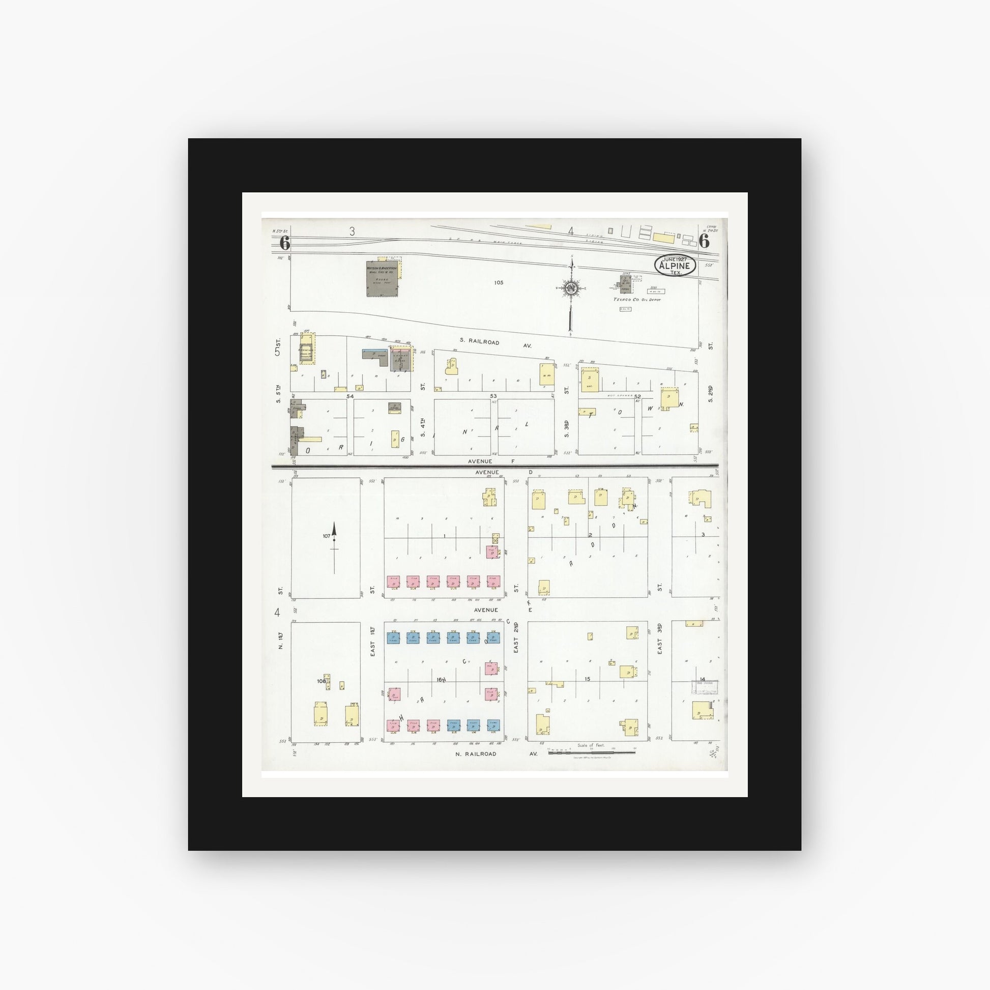 Old map wall art mockup — black gallery frame with white mat — Sanborn Fire Insurance Map from Alpine, Brewster County, Texas (1927), Sheet #0006
