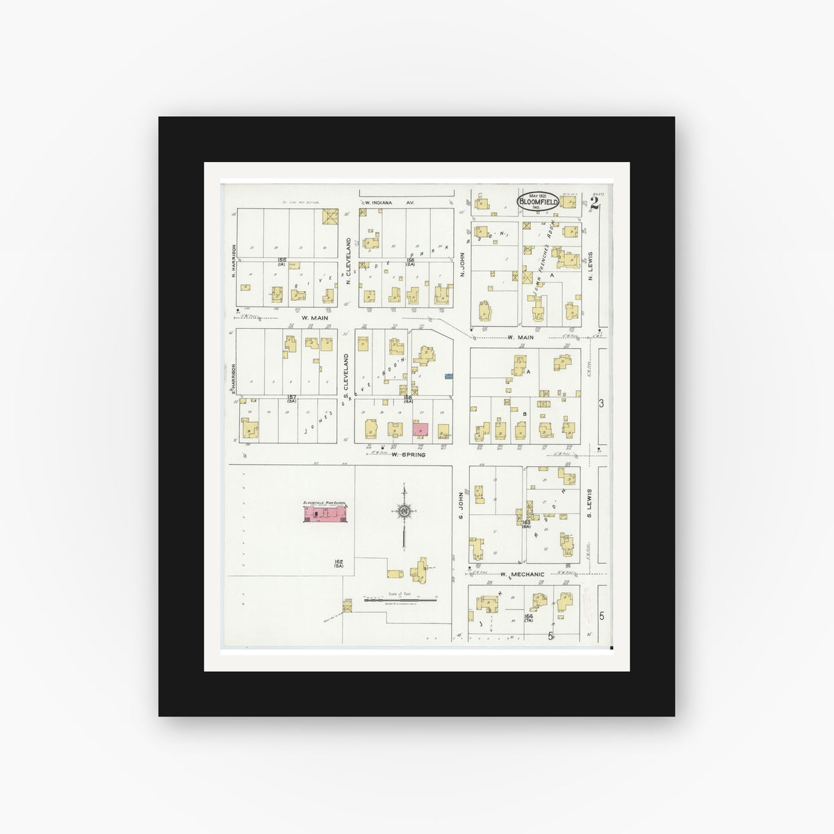 Old map wall art mockup — black gallery frame with white mat — Sanborn Fire Insurance Map from Bloomfield, Greene County, Indiana (1921), Sheet #0002