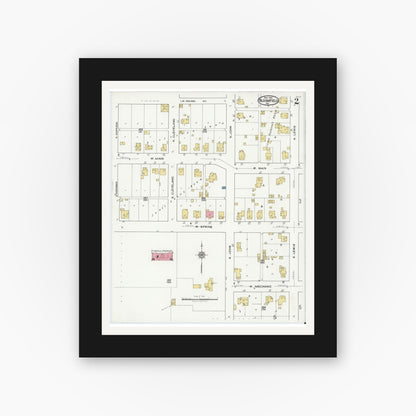Old map wall art mockup — black gallery frame with white mat — Sanborn Fire Insurance Map from Bloomfield, Greene County, Indiana (1921), Sheet #0002