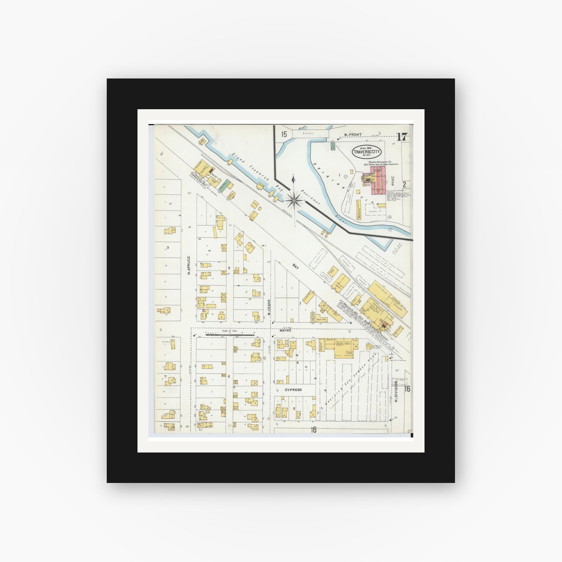 Old map wall art mockup — black gallery frame with white mat — Sanborn Fire Insurance Map from Traverse City, Grand Traverse County, Michigan (1904), Sheet #0017