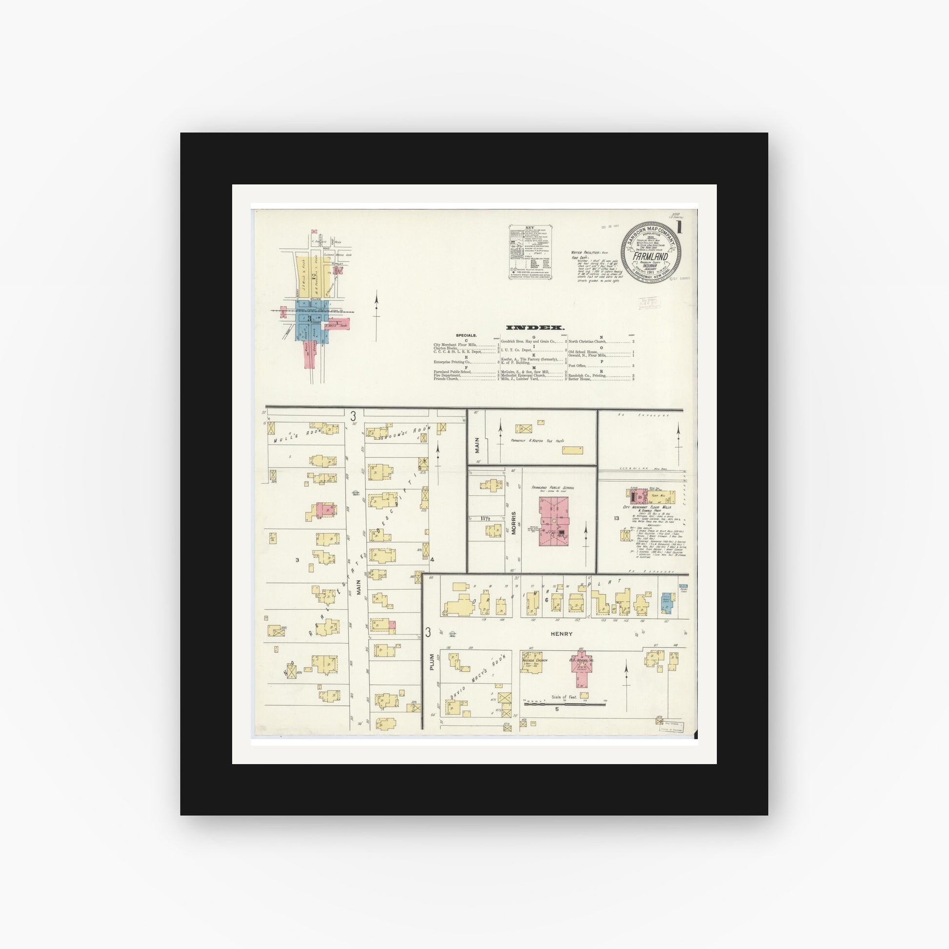 Old map wall art mockup — black gallery frame with white mat — Sanborn Fire Insurance Map from Farmland, Randolph County, Indiana (1911) - Complete Map Set