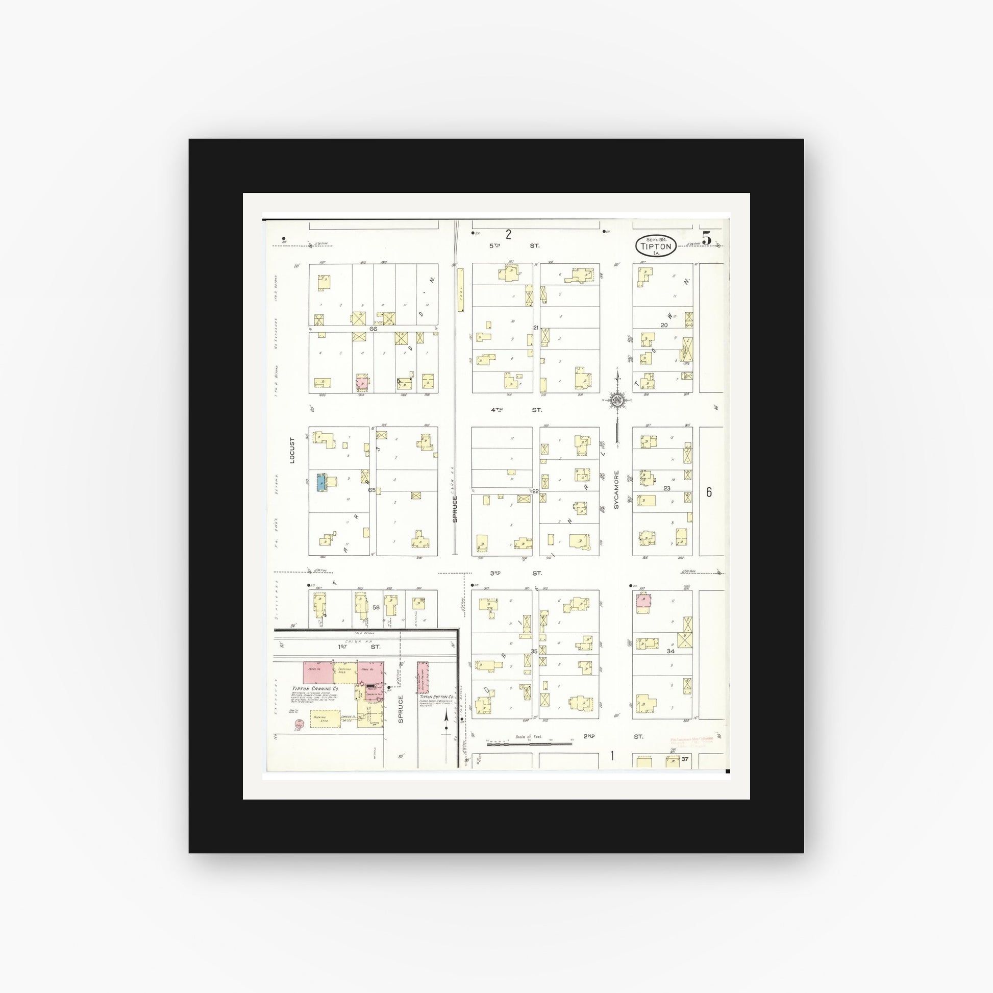 Old map wall art mockup — black gallery frame with white mat — Sanborn Fire Insurance Map from Tipton, Cedar County, Iowa (1914), Sheet #0005