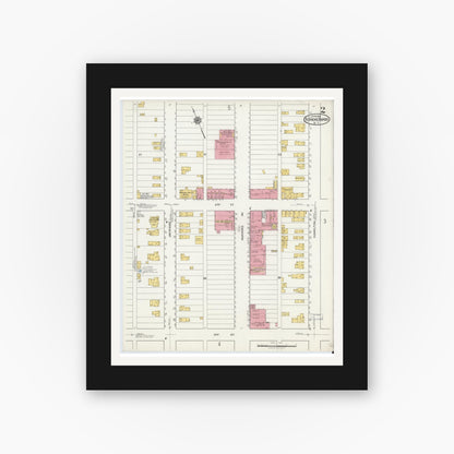 Old map wall art mockup — black gallery frame with white mat — Sanborn Fire Insurance Map from Roanoke Rapids, Halifax County, North Carolina (1919), Sheet #0002