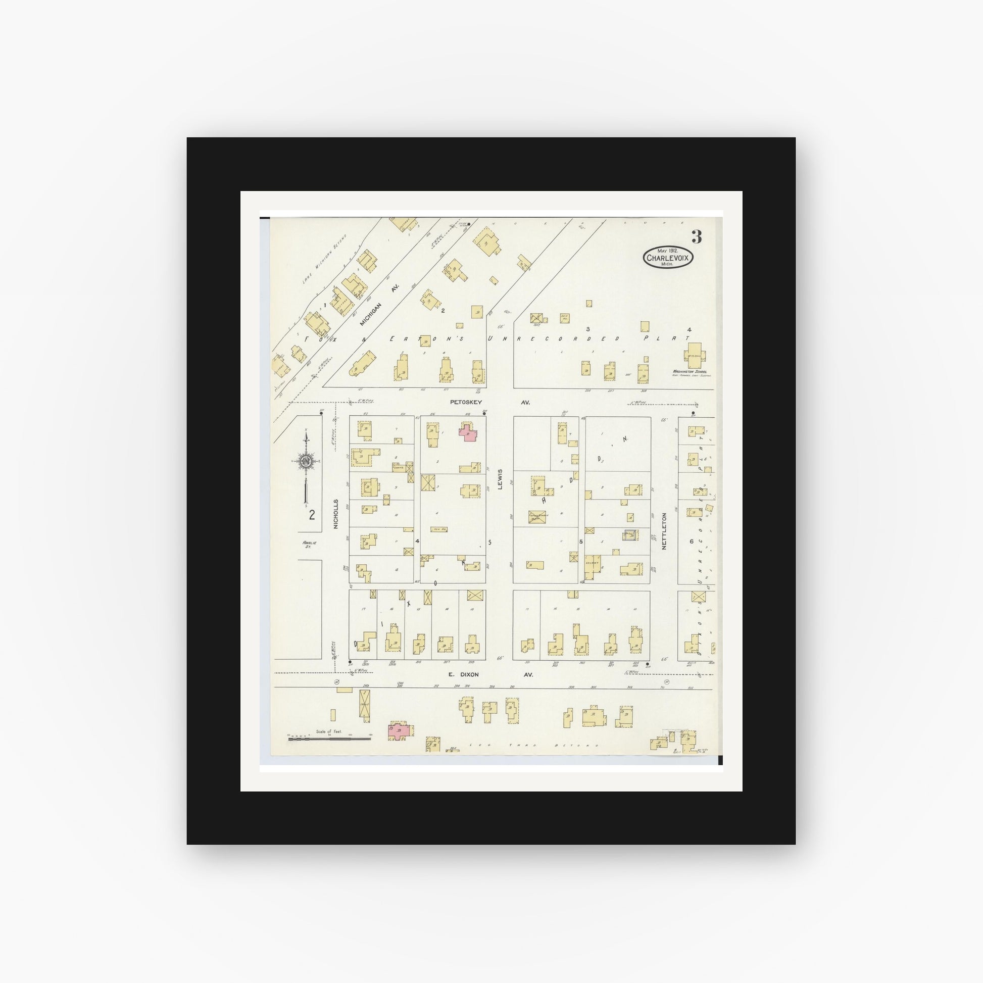Old map wall art mockup — black gallery frame with white mat — Sanborn Fire Insurance Map from Charlevoix, Charlevoix County, Michigan (1912), Sheet #0003