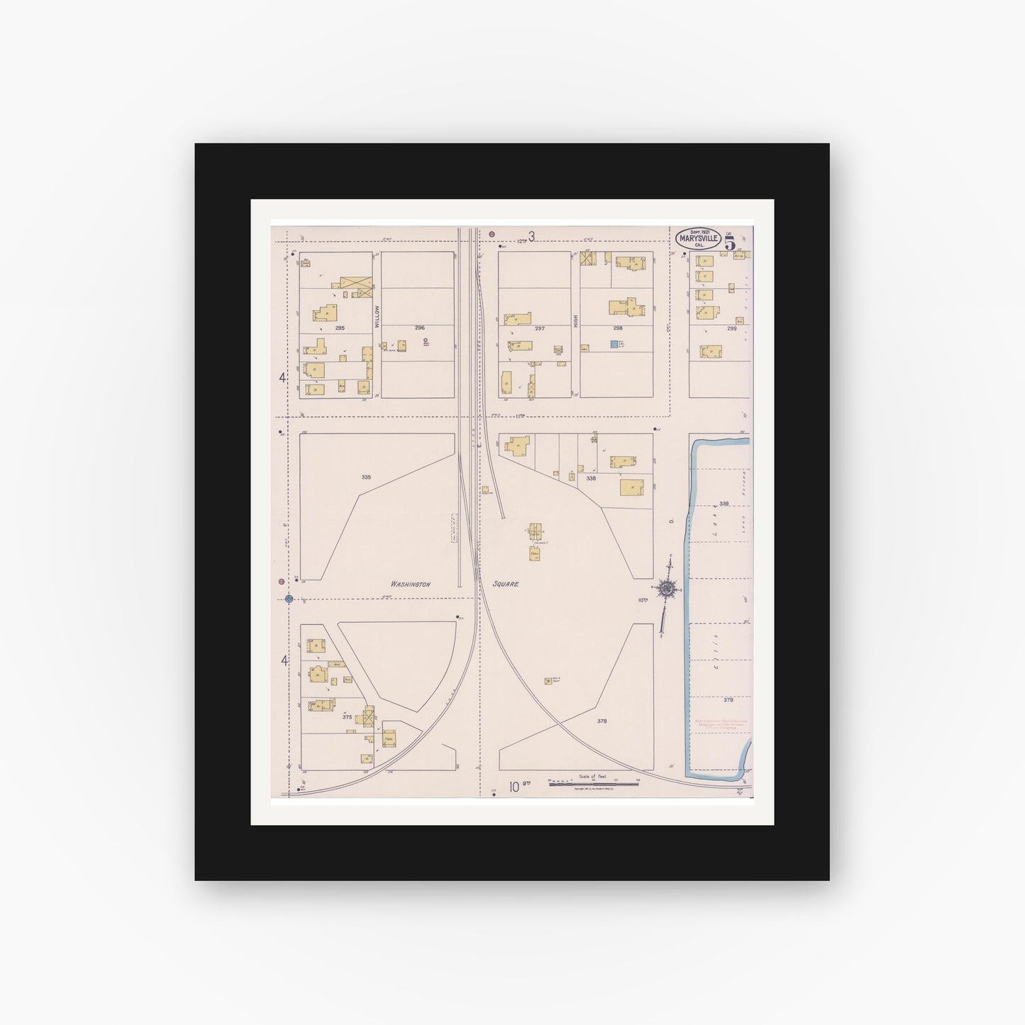 Old map wall art mockup — black gallery frame with white mat — Sanborn Fire Insurance Map from Marysville, Yuba County, California (1921), Sheet #0005