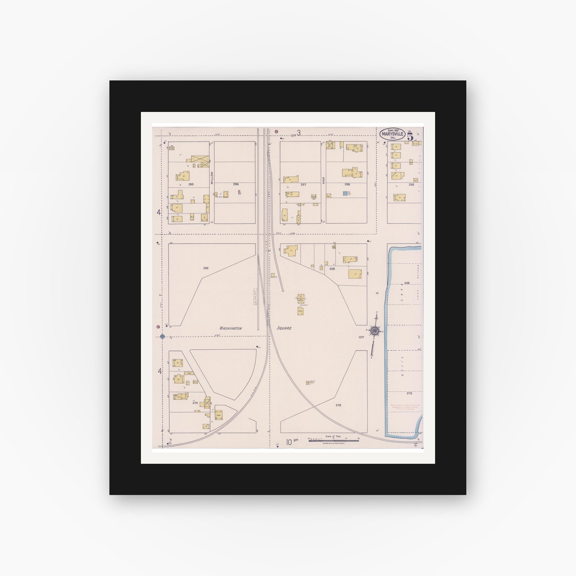 Old map wall art mockup — black gallery frame with white mat — Sanborn Fire Insurance Map from Marysville, Yuba County, California (1921), Sheet #0005