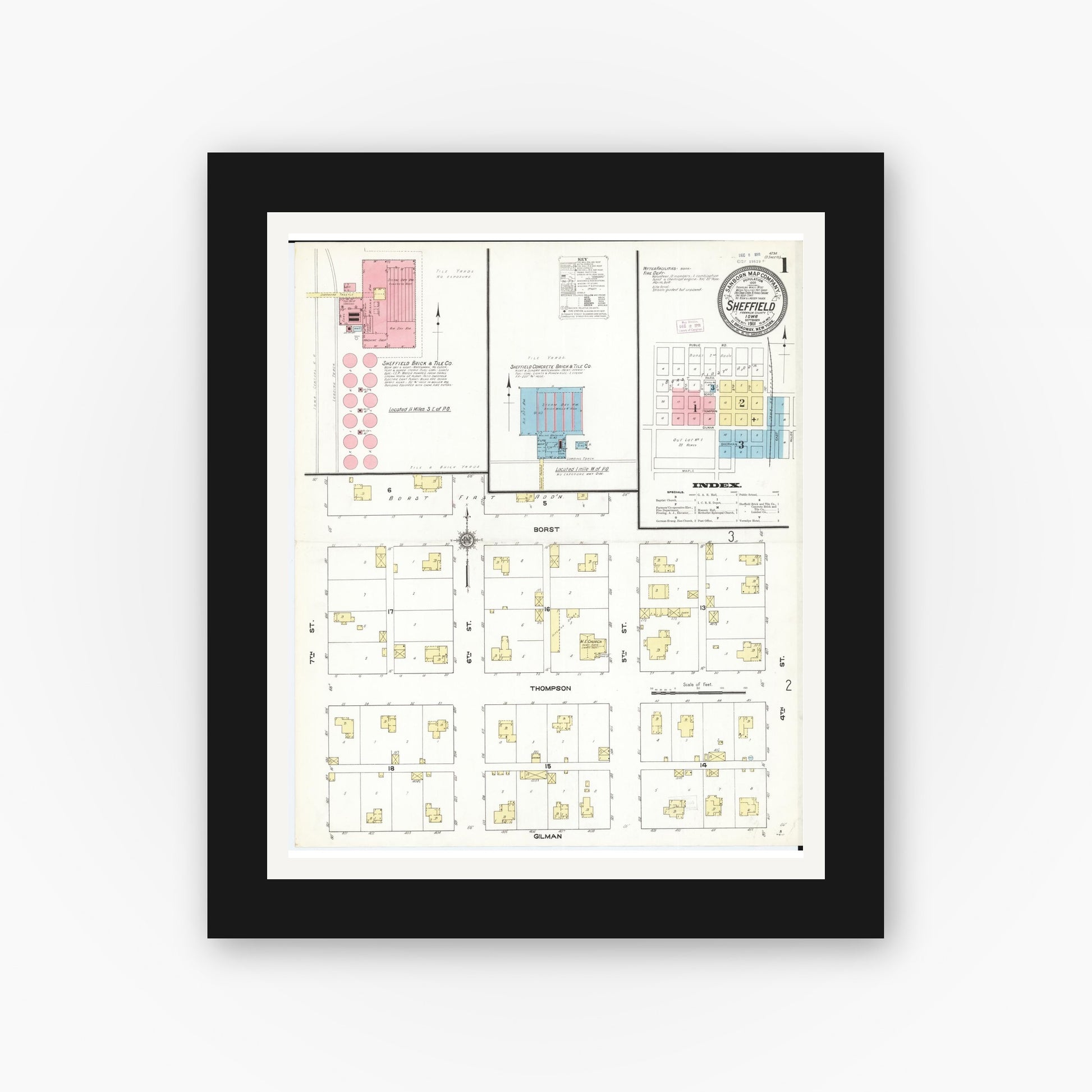 Old map wall art mockup — black gallery frame with white mat — Sanborn Fire Insurance Map from Sheffield, Franklin County, Iowa (1911), Sheet #0001