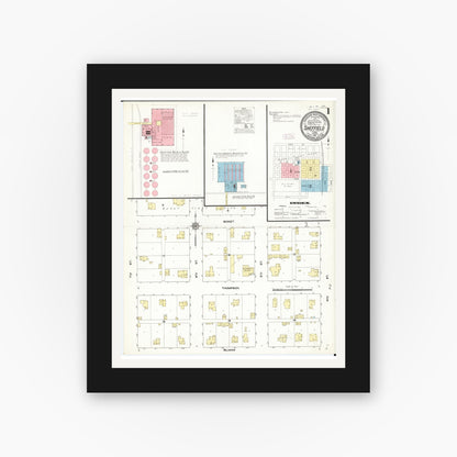 Old map wall art mockup — black gallery frame with white mat — Sanborn Fire Insurance Map from Sheffield, Franklin County, Iowa (1911), Sheet #0001