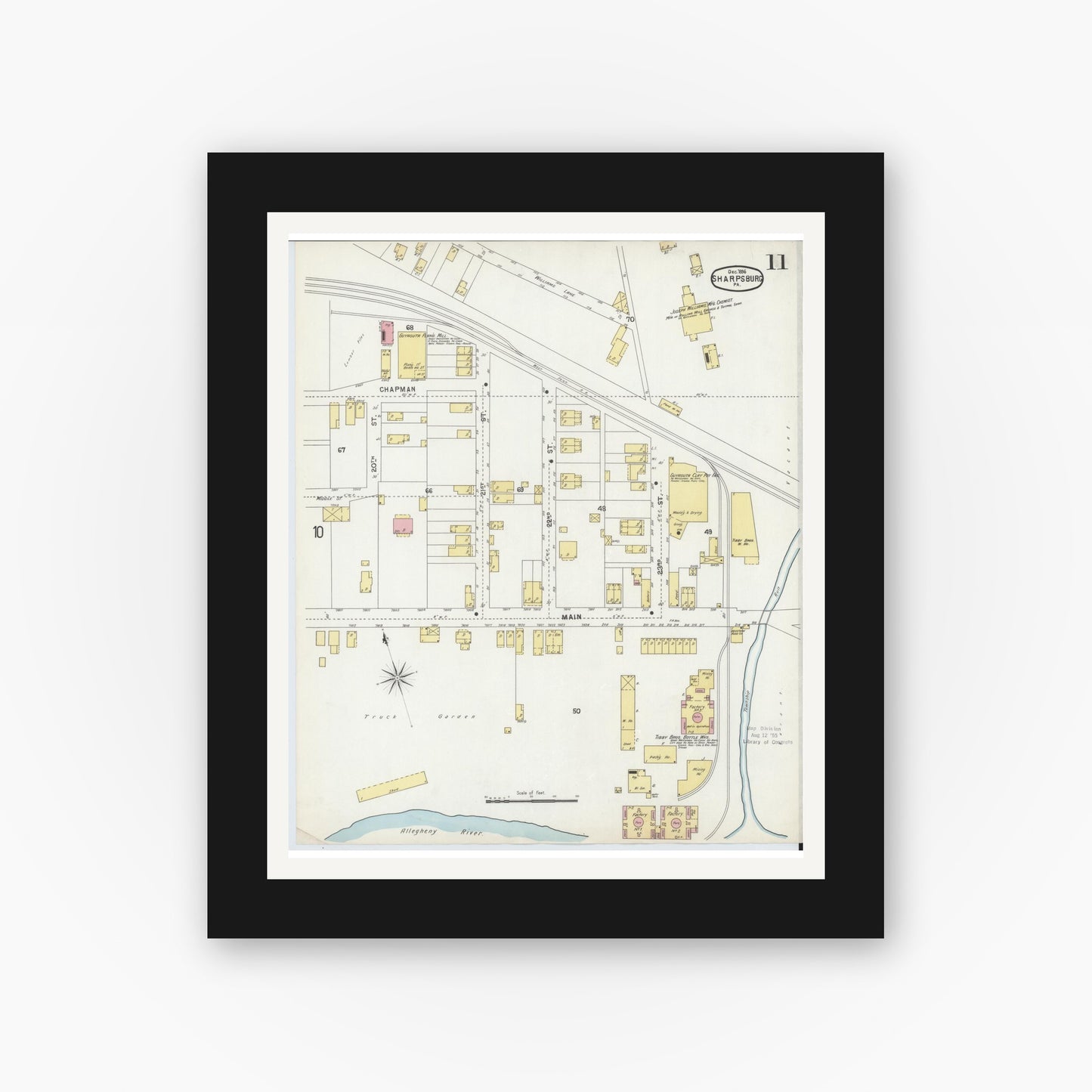 Old map wall art mockup — black gallery frame with white mat — Sanborn Fire Insurance Map from Sharpsburg, Allegheny County, Pennsylvania (1896), Sheet #0011