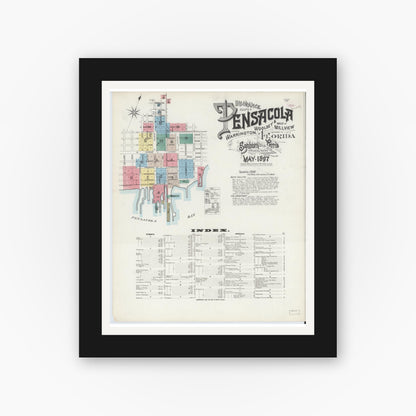 Old map wall art mockup — black gallery frame with white mat — Sanborn Fire Insurance Map from Pensacola, Escambia County, Florida (1897), Sheet #0001