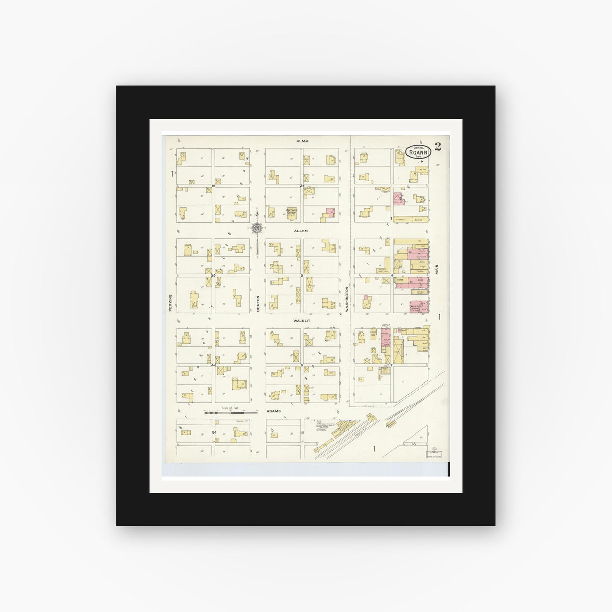 Old map wall art mockup — black gallery frame with white mat — Sanborn Fire Insurance Map from Roann, Wabash County, Indiana (1911), Sheet #0002