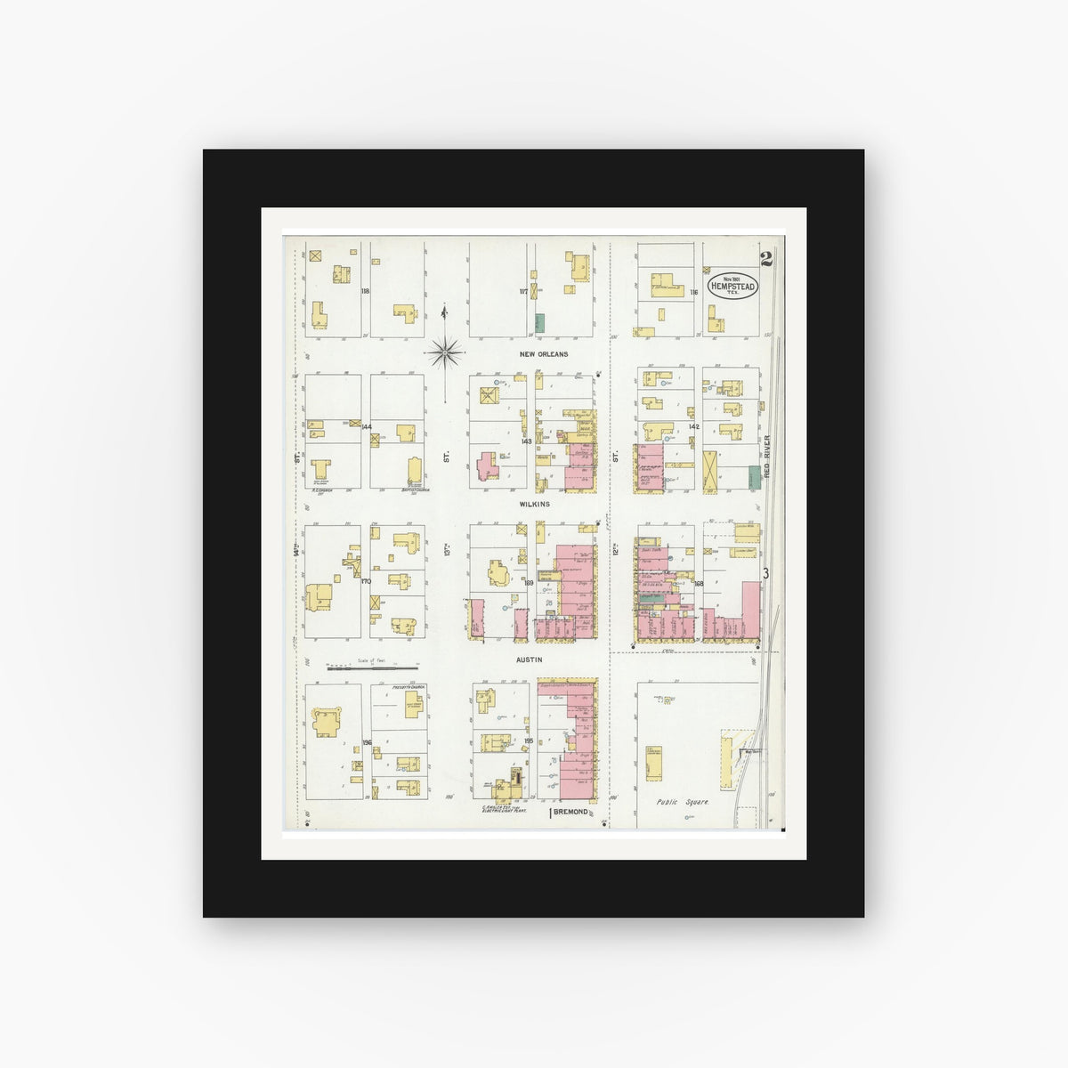 Old map wall art mockup — black gallery frame with white mat — Sanborn Fire Insurance Map from Hempstead, Waller County, Texas (1901), Sheet #0002
