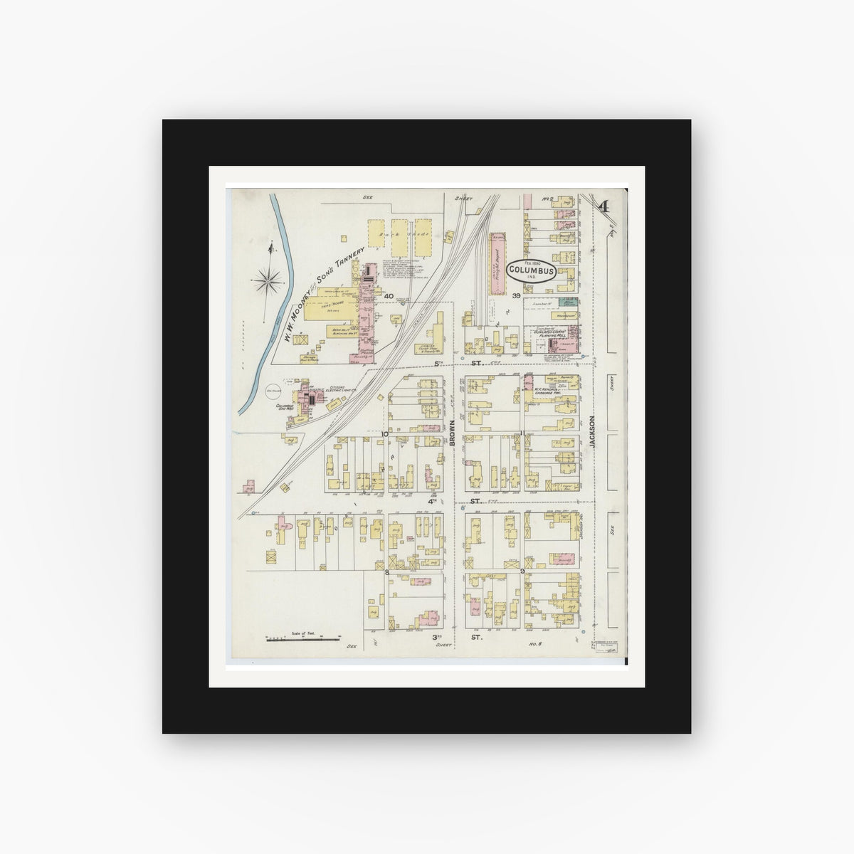 Old map wall art mockup — black gallery frame with white mat — Sanborn Fire Insurance Map from Columbus, Bartholomew County, Indiana (1890), Sheet #0004