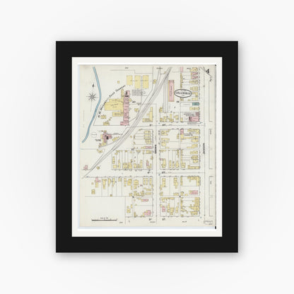 Old map wall art mockup — black gallery frame with white mat — Sanborn Fire Insurance Map from Columbus, Bartholomew County, Indiana (1890), Sheet #0004
