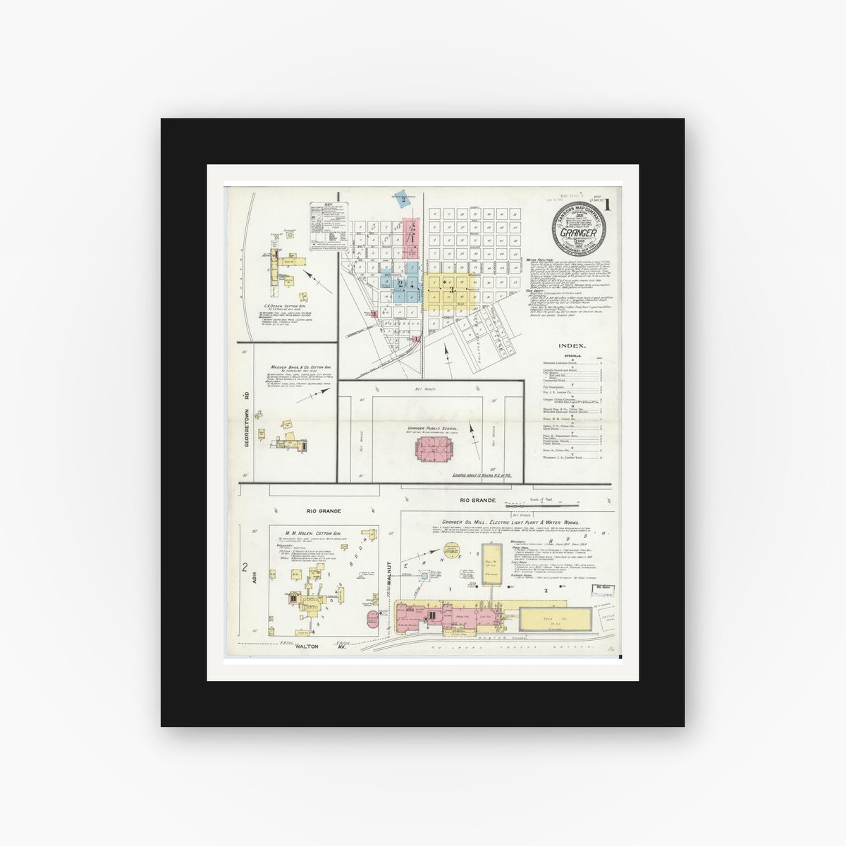 Old map wall art mockup — black gallery frame with white mat — Sanborn Fire Insurance Map from Granger, Williamson County, Texas (1910) - Complete Map Set
