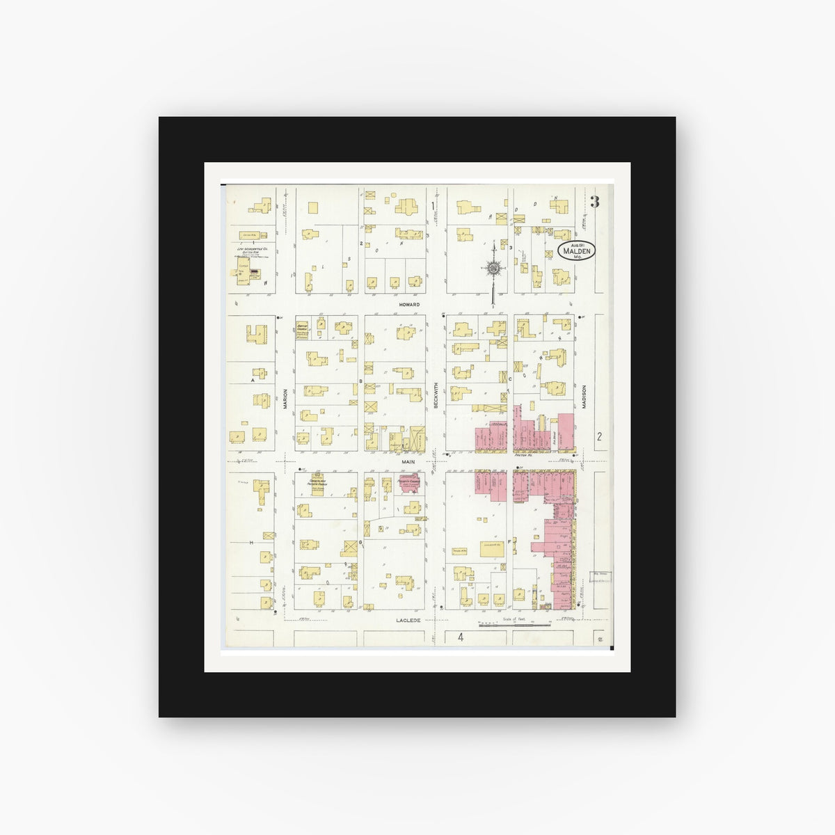 Old map wall art mockup — black gallery frame with white mat — Sanborn Fire Insurance Map from Malden, Dunklin County, Missouri (1911), Sheet #0003