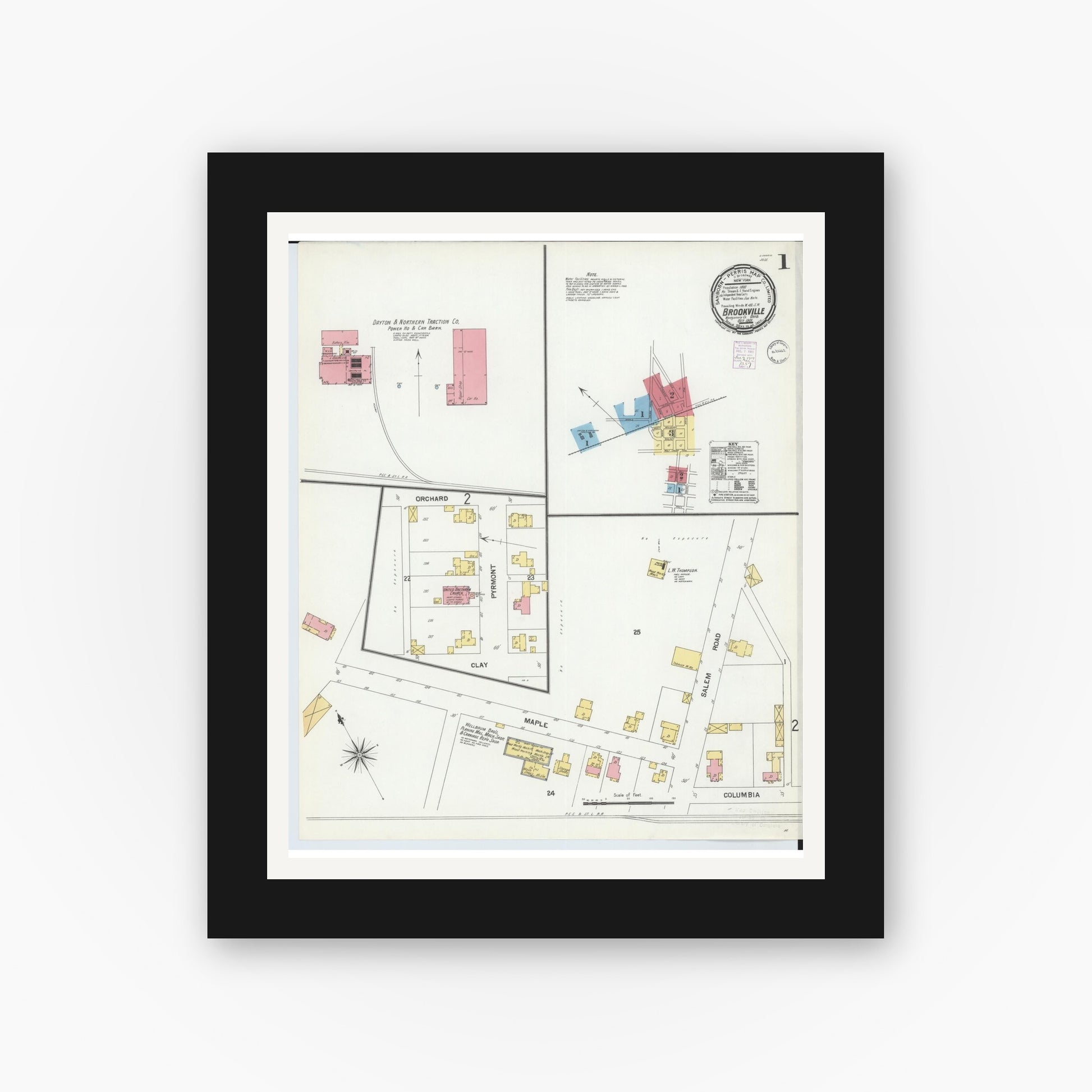 Old map wall art mockup — black gallery frame with white mat — Sanborn Fire Insurance Map from Brookville, Montgomery County, Ohio (1901), Sheet #0001