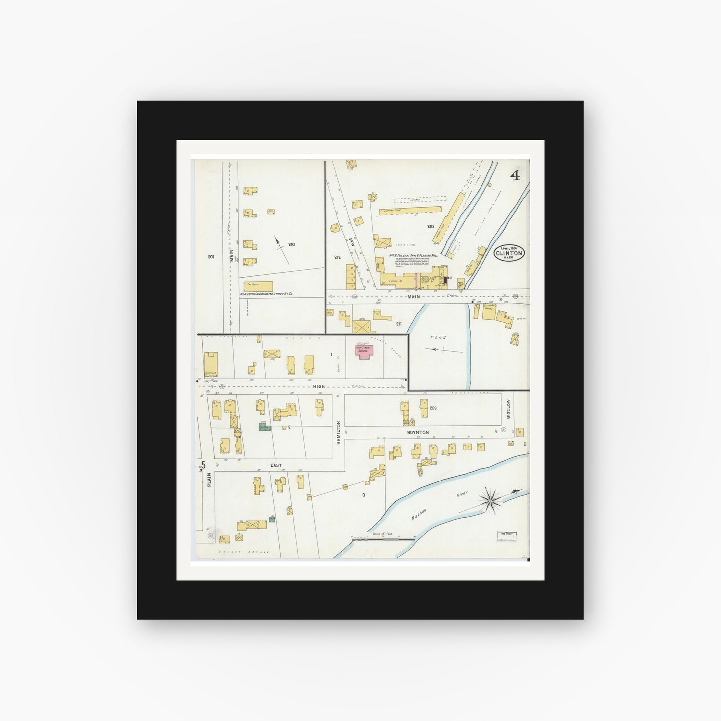 Old map wall art mockup — black gallery frame with white mat — Sanborn Fire Insurance Map from Clinton, Worcester County, Massachusetts (1904), Sheet #0004