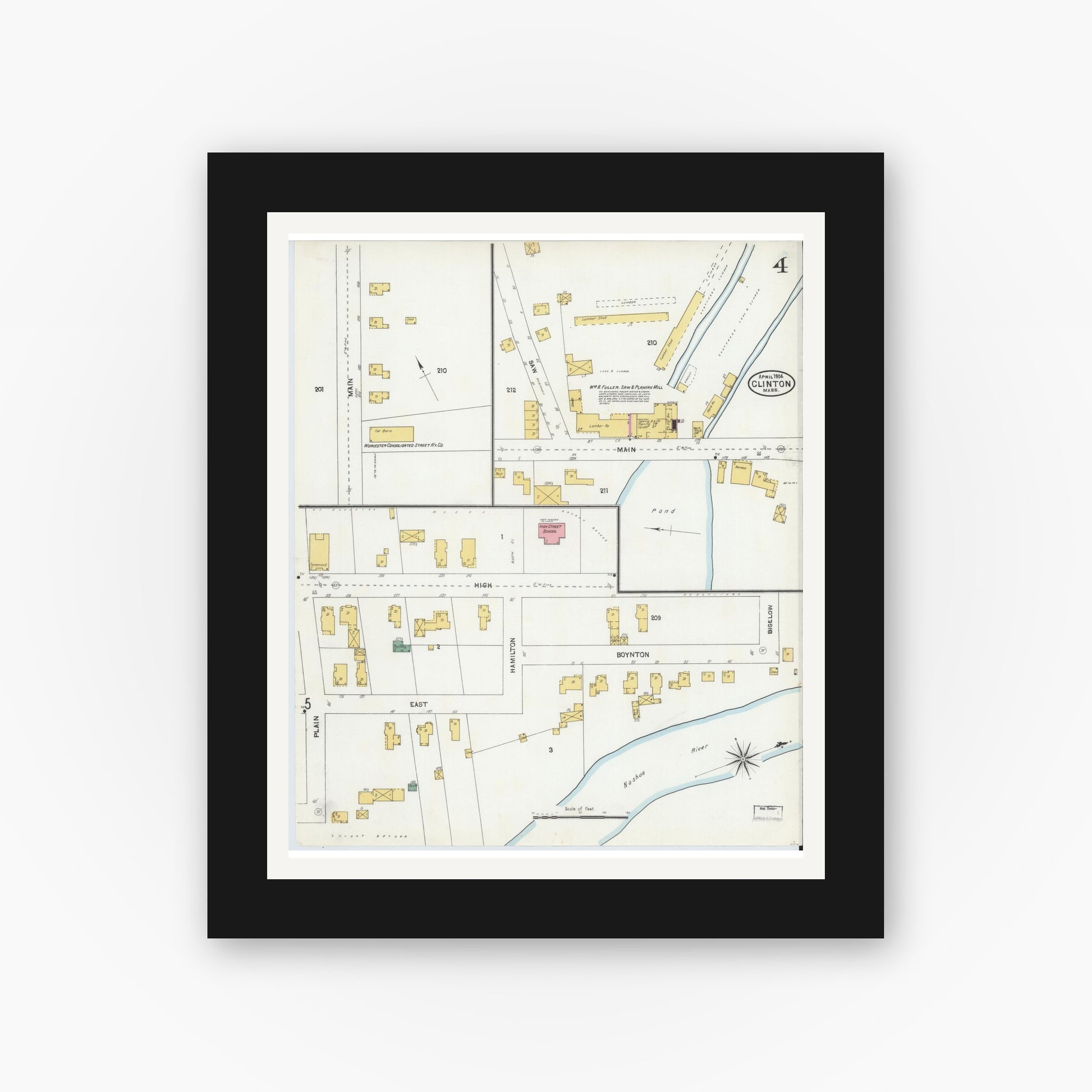 Old map wall art mockup — black gallery frame with white mat — Sanborn Fire Insurance Map from Clinton, Worcester County, Massachusetts (1904), Sheet #0004