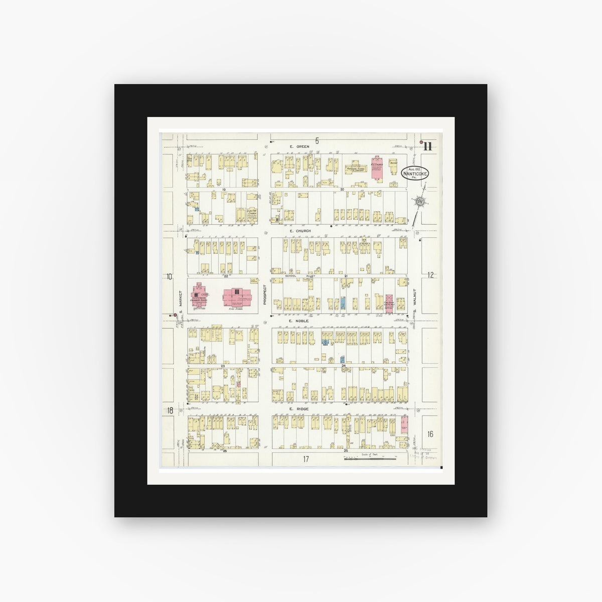 Old map wall art mockup — black gallery frame with white mat — Sanborn Fire Insurance Map from Nanticoke, Luzerne County, Pennsylvania (1912), Sheet #0011