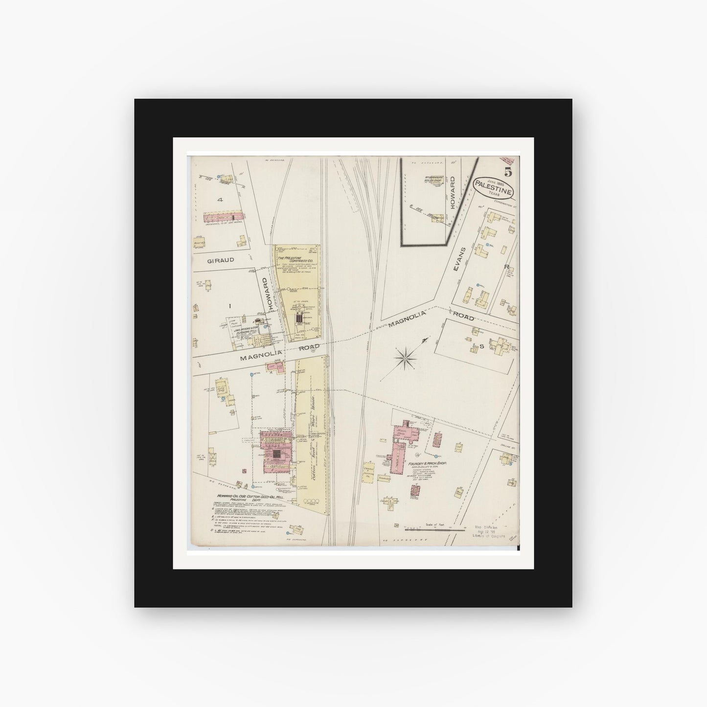 Old map wall art mockup — black gallery frame with white mat — Sanborn Fire Insurance Map from Palestine, Anderson County, Texas (1885), Sheet #0005