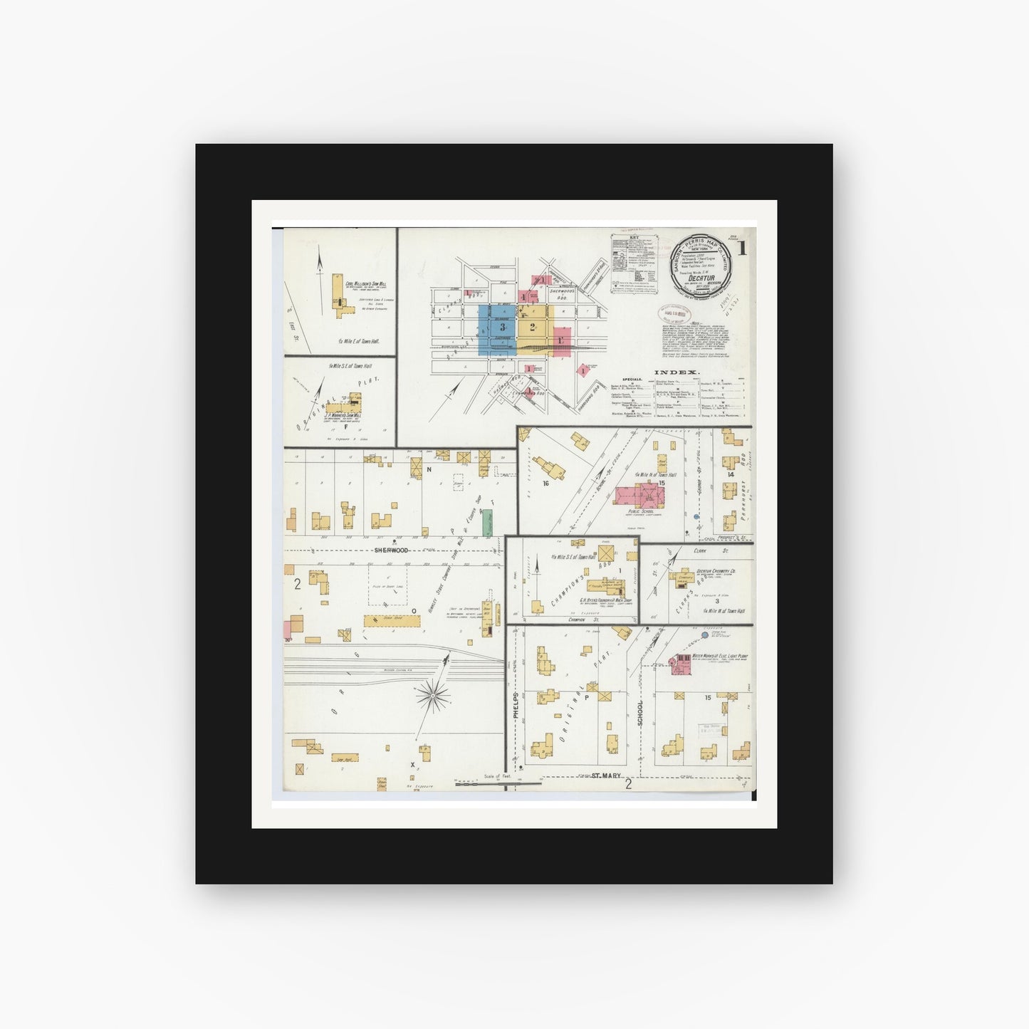 Old map wall art mockup — black gallery frame with white mat — Sanborn Fire Insurance Map from Decatur, Van Buren County, Michigan (1899) - Complete Map Set