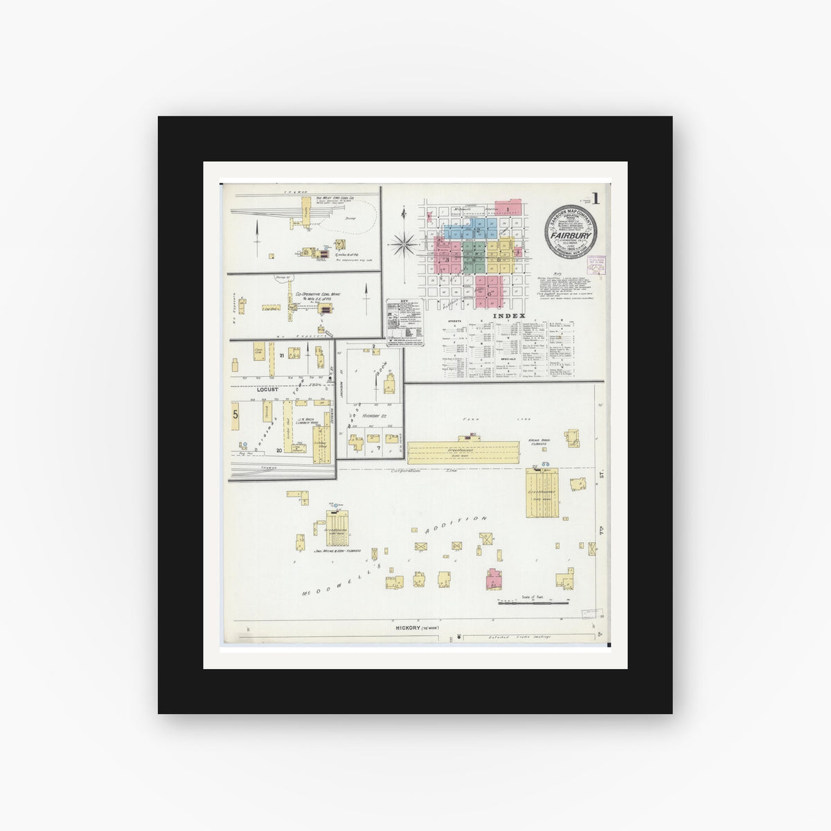 Old map wall art mockup — black gallery frame with white mat — Sanborn Fire Insurance Map from Fairbury, Livingston County, Illinois (1906), Sheet #0001