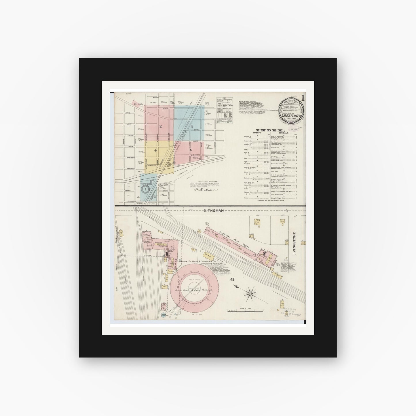 Old map wall art mockup — black gallery frame with white mat — Sanborn Fire Insurance Map from Crestline, Crawford County, Ohio (1887), Sheet #0001