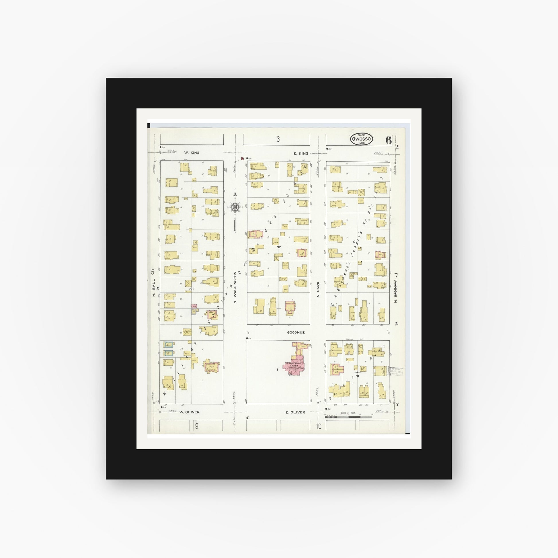 Old map wall art mockup — black gallery frame with white mat — Sanborn Fire Insurance Map from Owosso, Shiawassee County, Michigan (1915), Sheet #0006