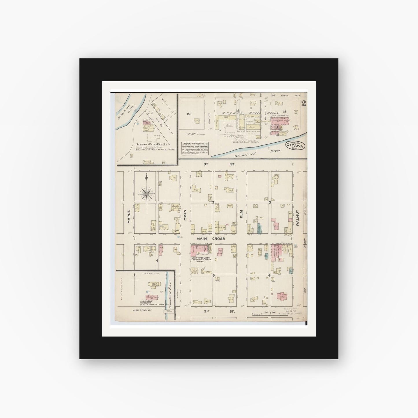 Old map wall art mockup — black gallery frame with white mat — Sanborn Fire Insurance Map from Ottawa, Putnam County, Ohio (1884), Sheet #0002