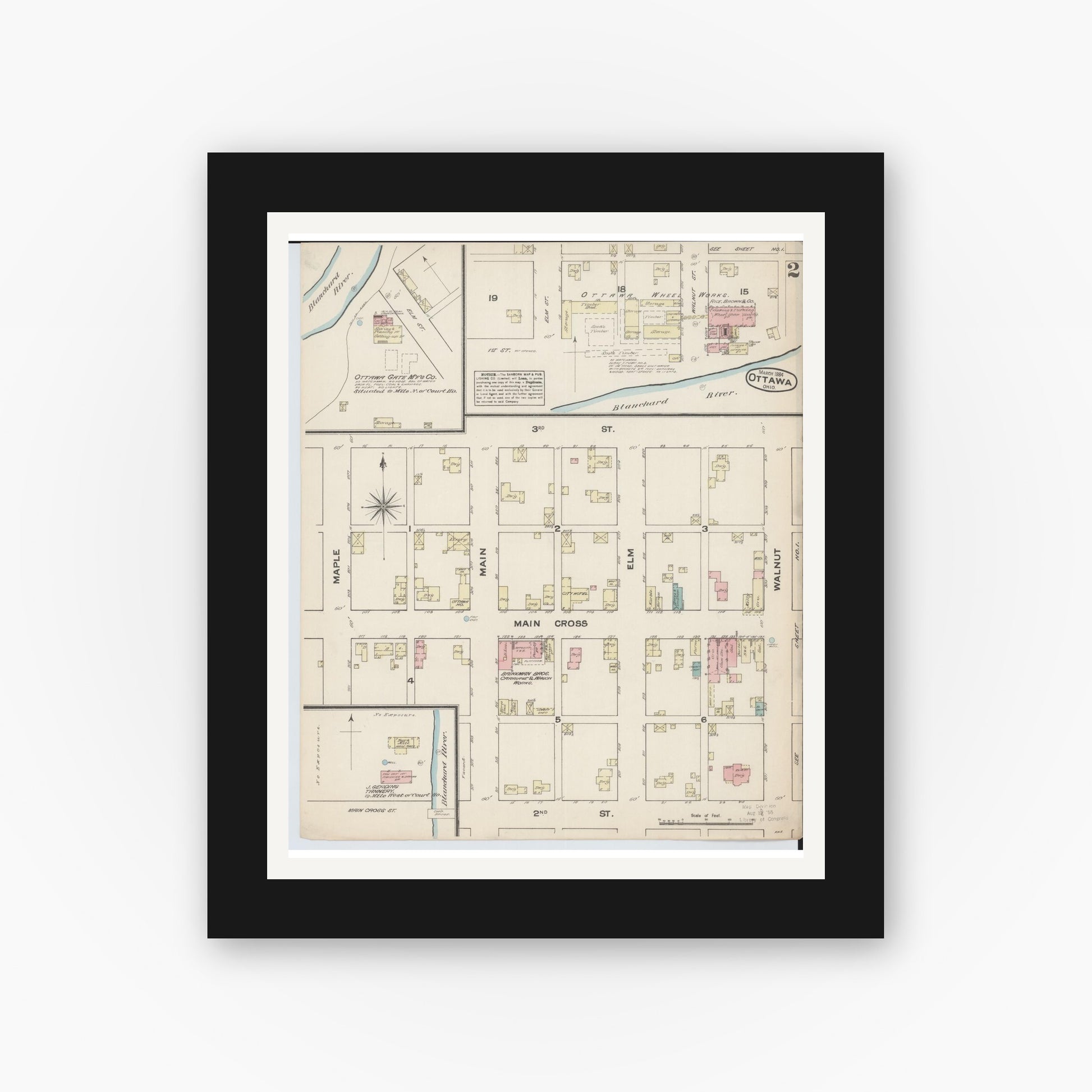 Old map wall art mockup — black gallery frame with white mat — Sanborn Fire Insurance Map from Ottawa, Putnam County, Ohio (1884), Sheet #0002