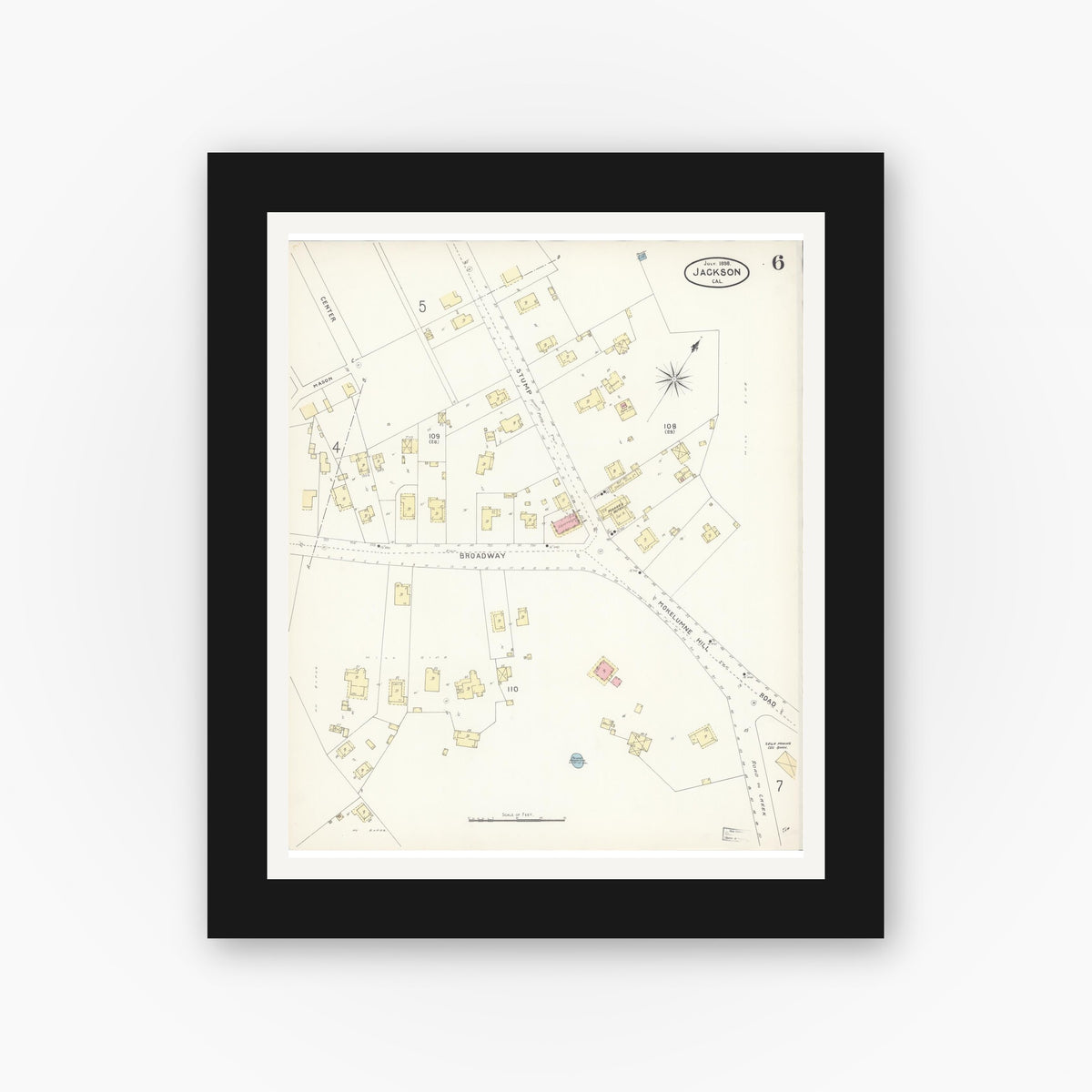 Old map wall art mockup — black gallery frame with white mat — Sanborn Fire Insurance Map from Jackson, Amador County, California (1898), Sheet #0006