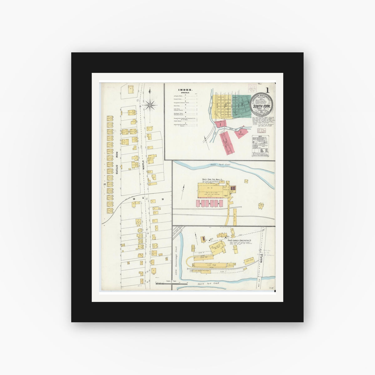 Old map wall art mockup — black gallery frame with white mat — Sanborn Fire Insurance Map from South Fork, Cambria County, Pennsylvania (1905), Sheet #0001
