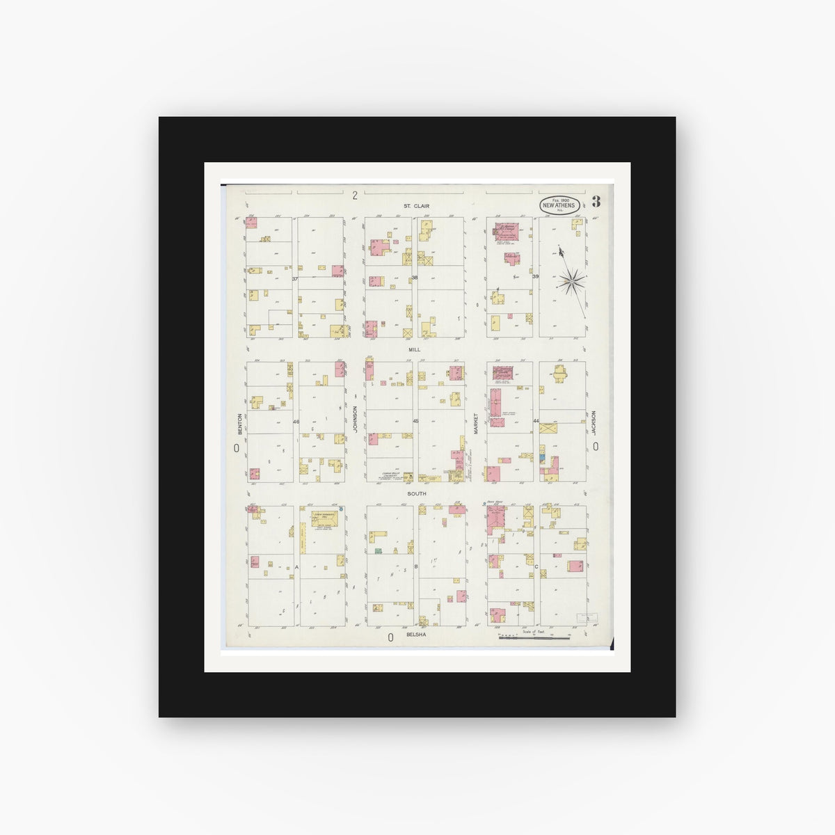 Old map wall art mockup — black gallery frame with white mat — Sanborn Fire Insurance Map from New Athens, Saint Clair County, Illinois (1900), Sheet #0003