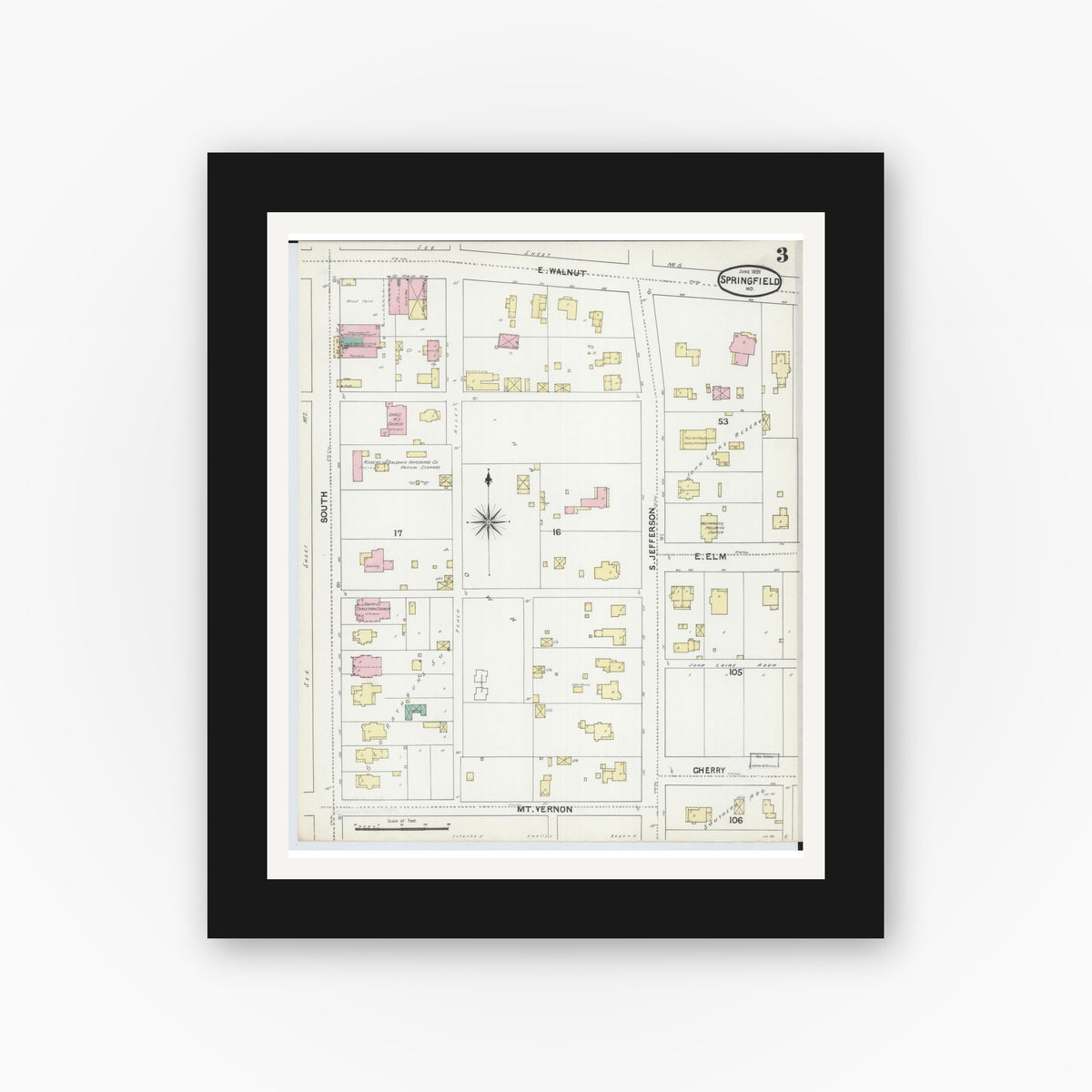 Old map wall art mockup — black gallery frame with white mat — Sanborn Fire Insurance Map from Springfield, Greene County, Missouri (1891), Sheet #0003