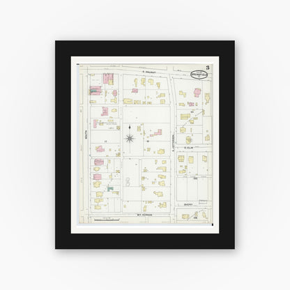 Old map wall art mockup — black gallery frame with white mat — Sanborn Fire Insurance Map from Springfield, Greene County, Missouri (1891), Sheet #0003