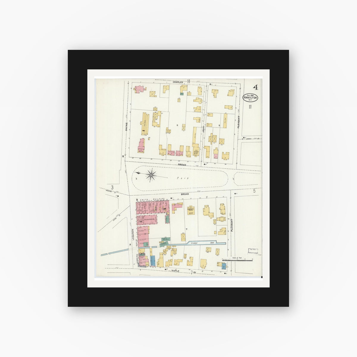 Old map wall art mockup — black gallery frame with white mat — Sanborn Fire Insurance Map from Hamilton, Madison County, New York (1906), Sheet #0004