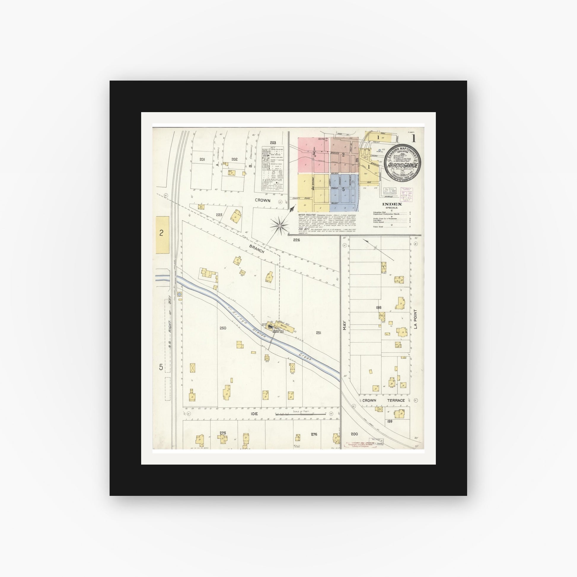 Old map wall art mockup — black gallery frame with white mat — Sanborn Fire Insurance Map from Arroyo Grande, San Luis Obispo County, California (1903), Sheet #0001