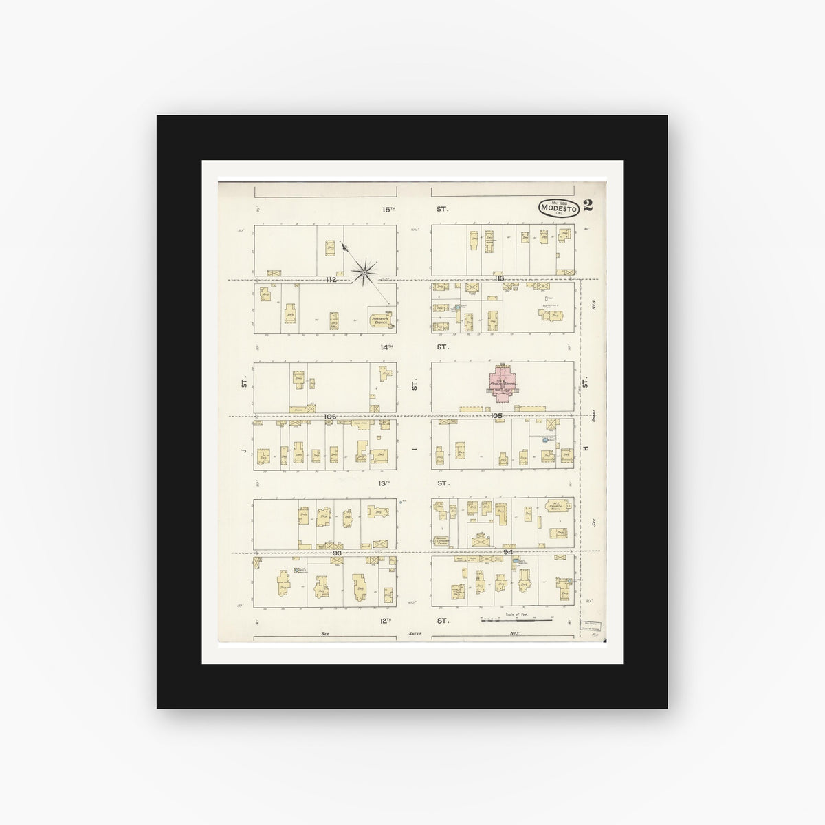 Old map wall art mockup — black gallery frame with white mat — Sanborn Fire Insurance Map from Modesto, Stanislaus County, California (1888), Sheet #0002