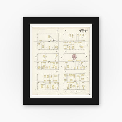 Old map wall art mockup — black gallery frame with white mat — Sanborn Fire Insurance Map from Modesto, Stanislaus County, California (1888), Sheet #0002