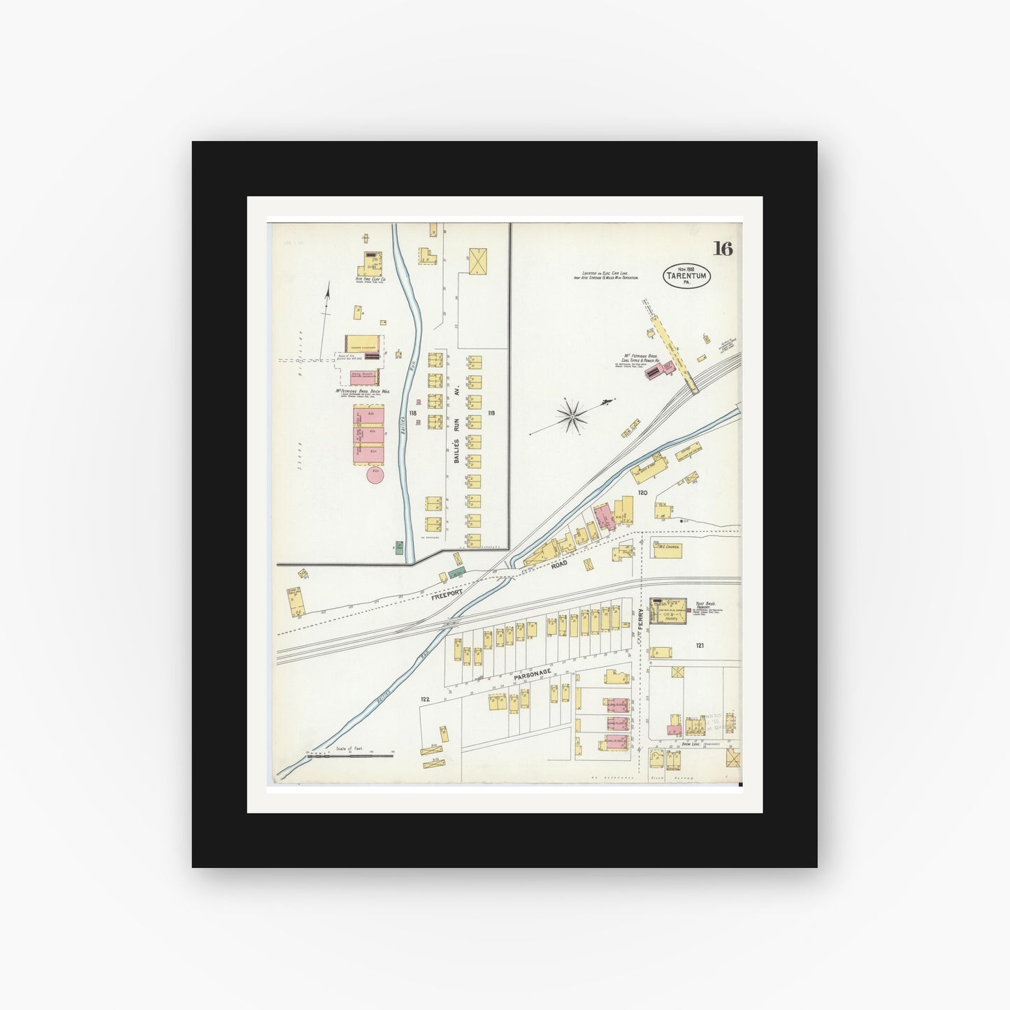 Old map wall art mockup — black gallery frame with white mat — Sanborn Fire Insurance Map from Tarentum, Allegheny County, Pennsylvania (1902), Sheet #0016