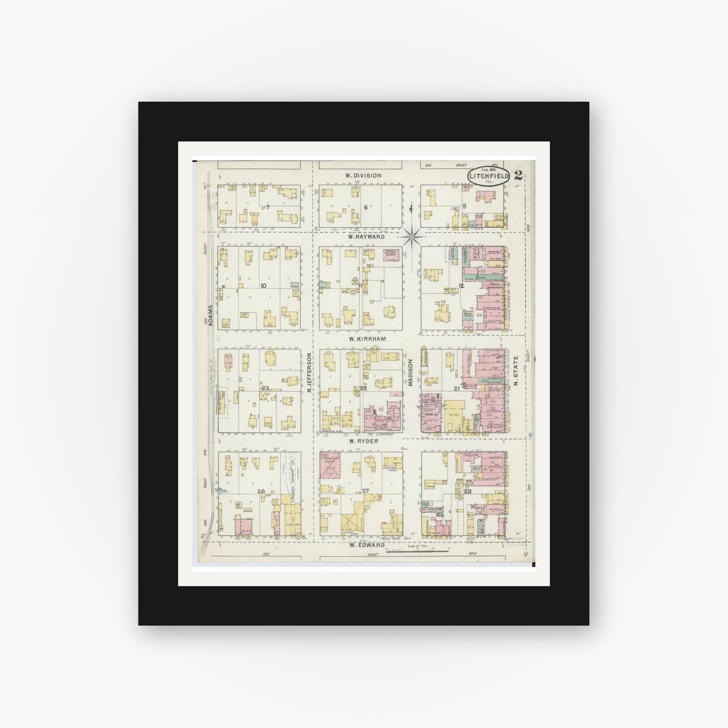 Old map wall art mockup — black gallery frame with white mat — Sanborn Fire Insurance Map from Litchfield, Montgomery County, Illinois (1892), Sheet #0002
