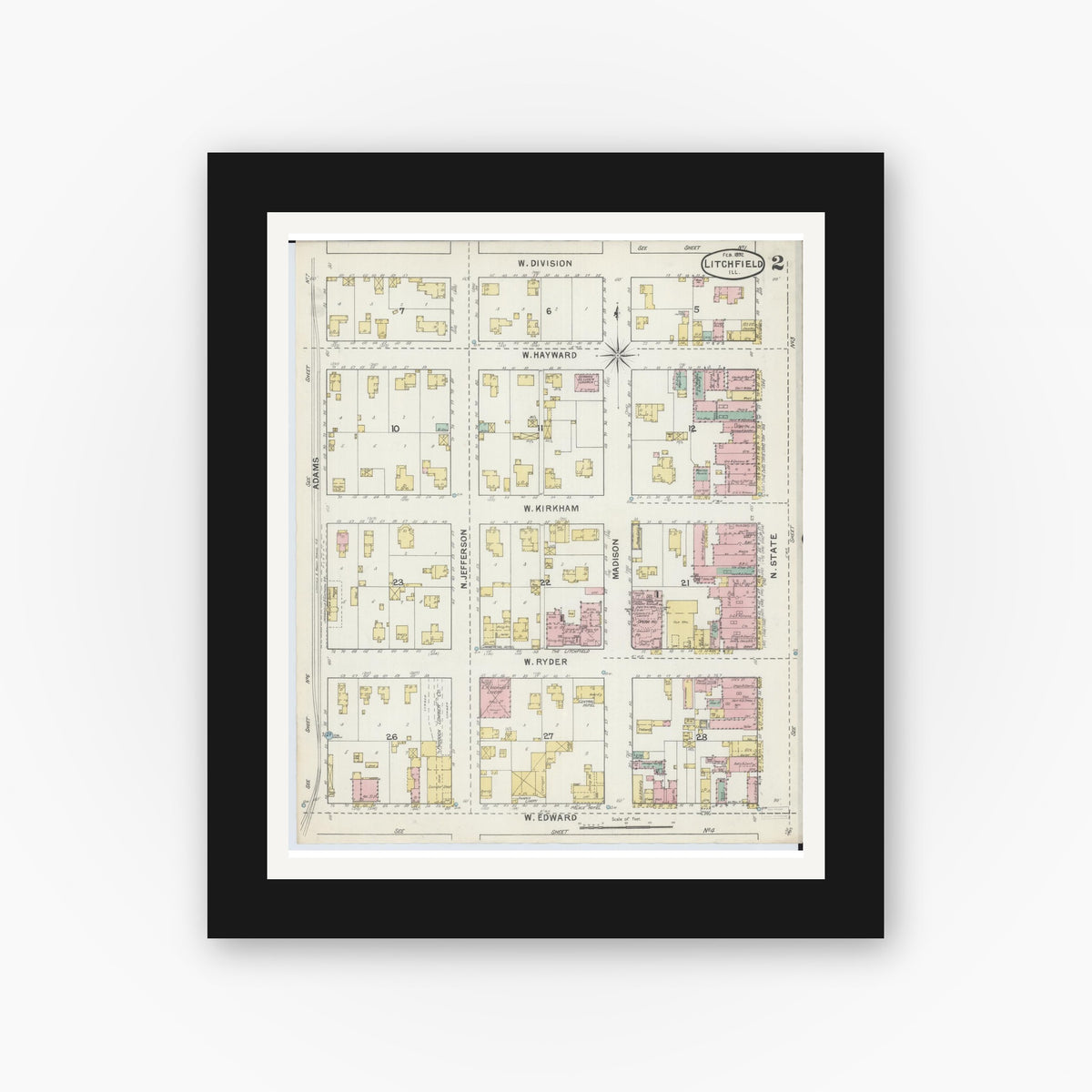 Old map wall art mockup — black gallery frame with white mat — Sanborn Fire Insurance Map from Litchfield, Montgomery County, Illinois (1892), Sheet #0002