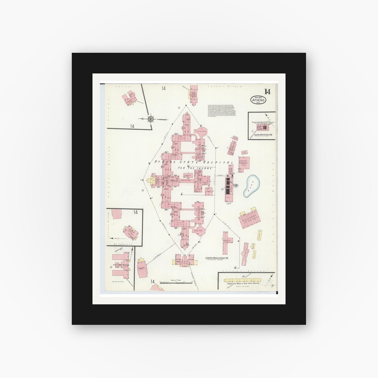 Old map wall art mockup — black gallery frame with white mat — Sanborn Fire Insurance Map from Athens, Athens County, Ohio (1914), Sheet #0014